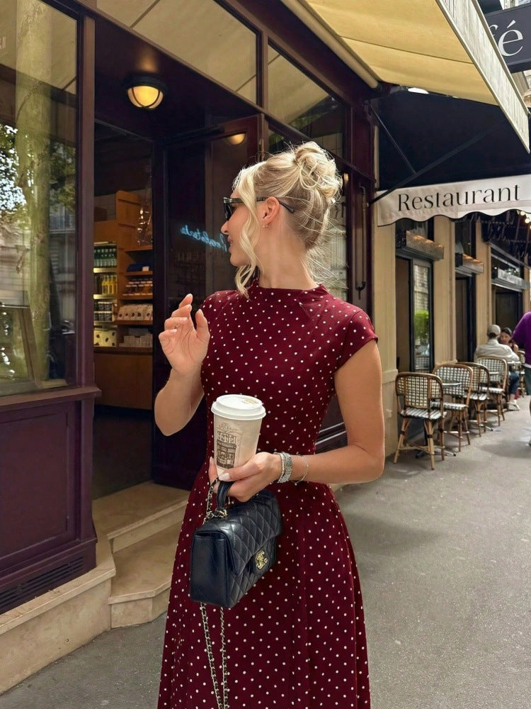 Cap-Sleeve Polka Dot Maxi Dress — on model
