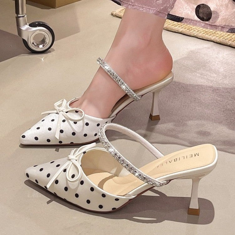 Polka-Dot Rhinestone-Strap Mules — on model