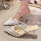 Polka-Dot Rhinestone-Strap Mules — on model