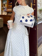 Cap-Sleeve Polka Dot Maxi Dress — on model
