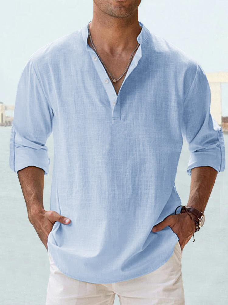 Cotton Band-Collar Popover Shirt