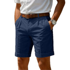 Pleated Turn-Up Shorts in Navy — on model