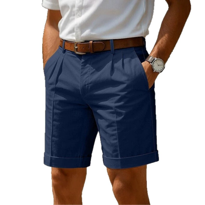 Pleated Turn-Up Shorts in Navy — on model