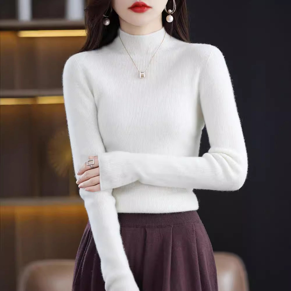 Seamless Half-Turtleneck Wool Sweater Women Slim-Fit Knitted Pullover