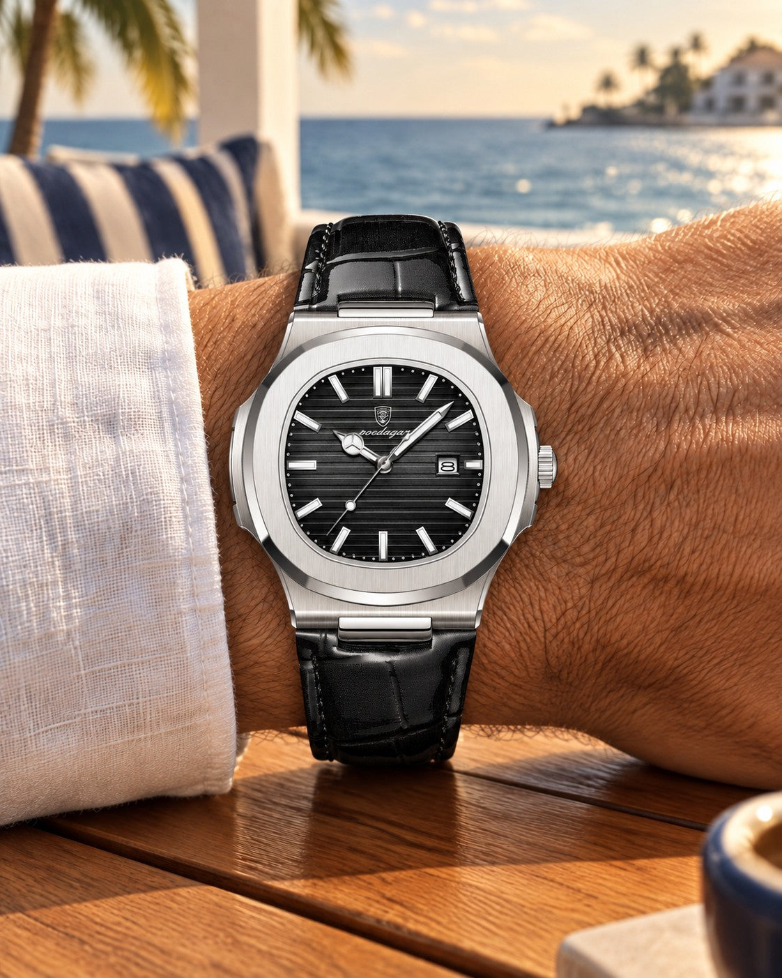 Slim Octagonal Bezel Watch in Silver/Black — on model