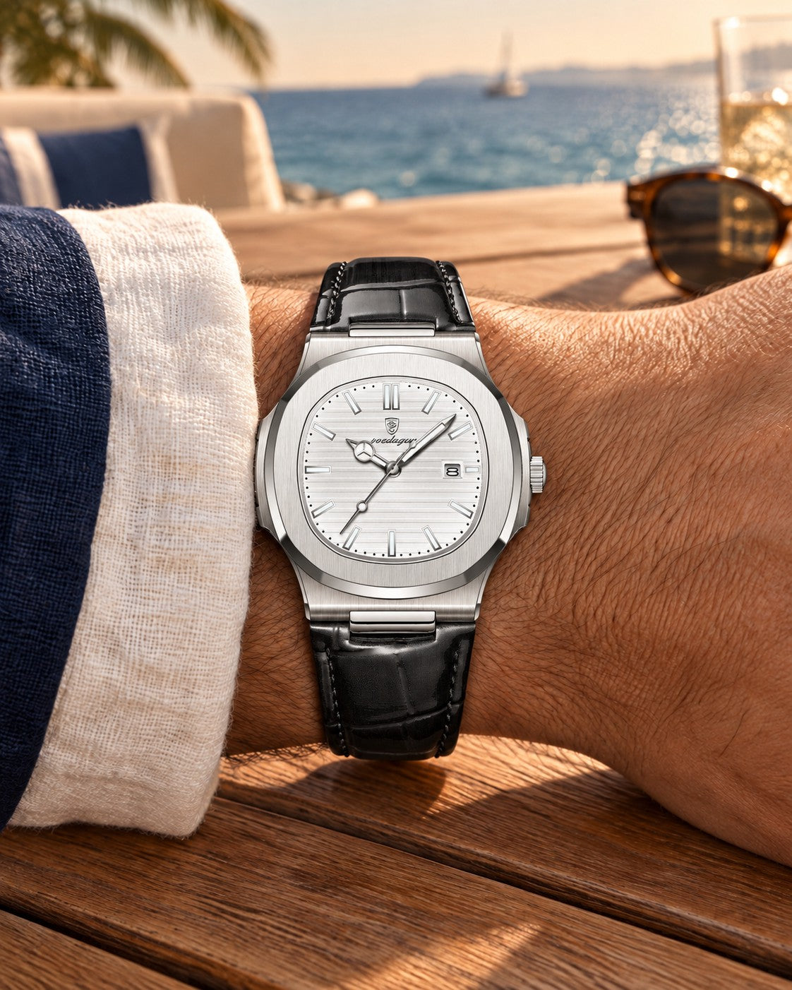 Slim Octagonal Bezel Watch in Silver/White — on model