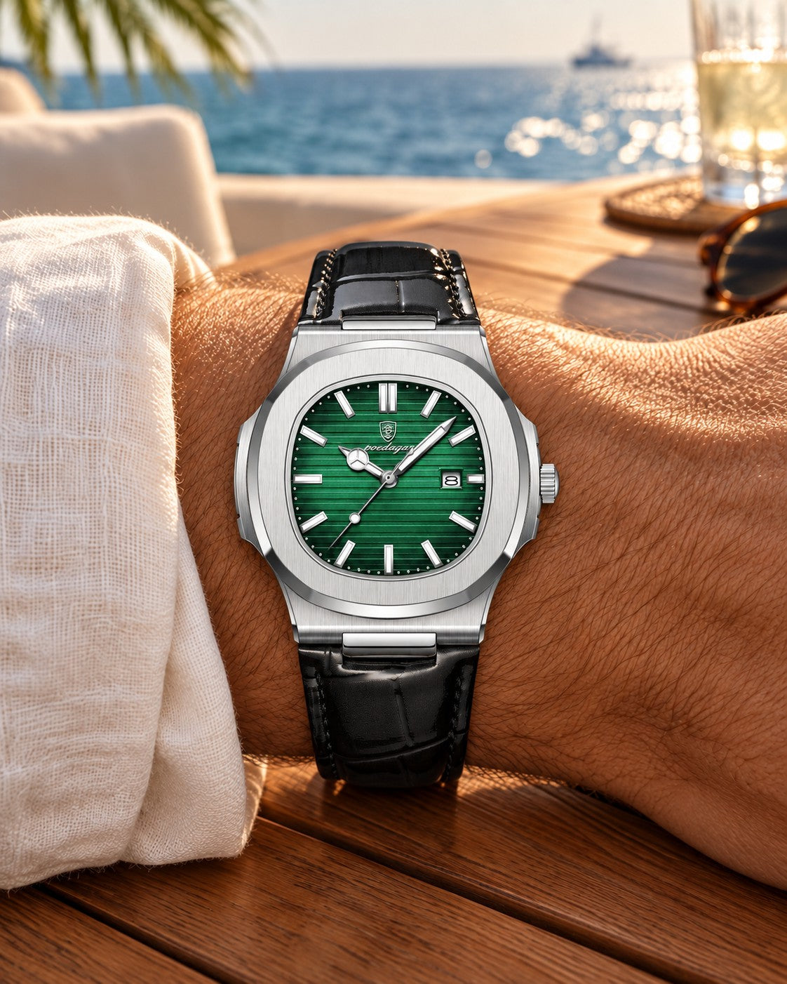 Slim Octagonal Bezel Watch in Silver/Green — on model