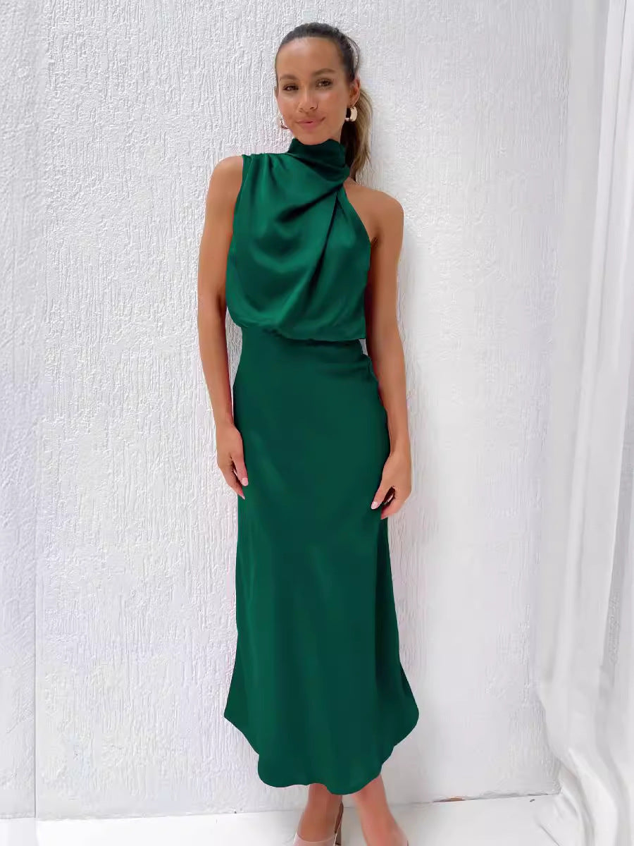 Satin Halter Midi Dress — on model