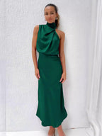 Satin Halter Midi Dress — on model