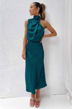 Satin Halter Midi Dress — on model