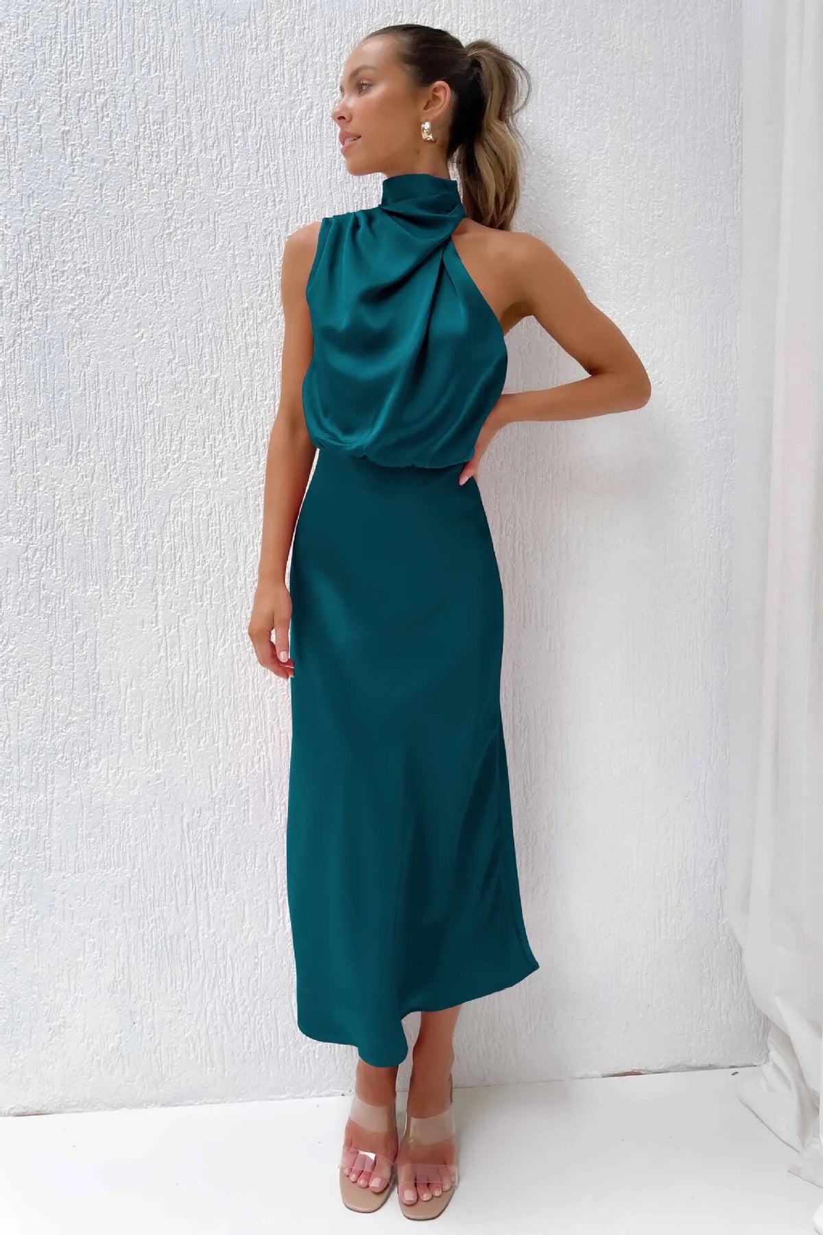 Satin Halter Midi Dress — on model