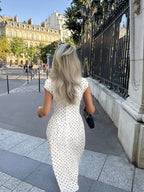Cap-Sleeve Polka Dot Maxi Dress — back view