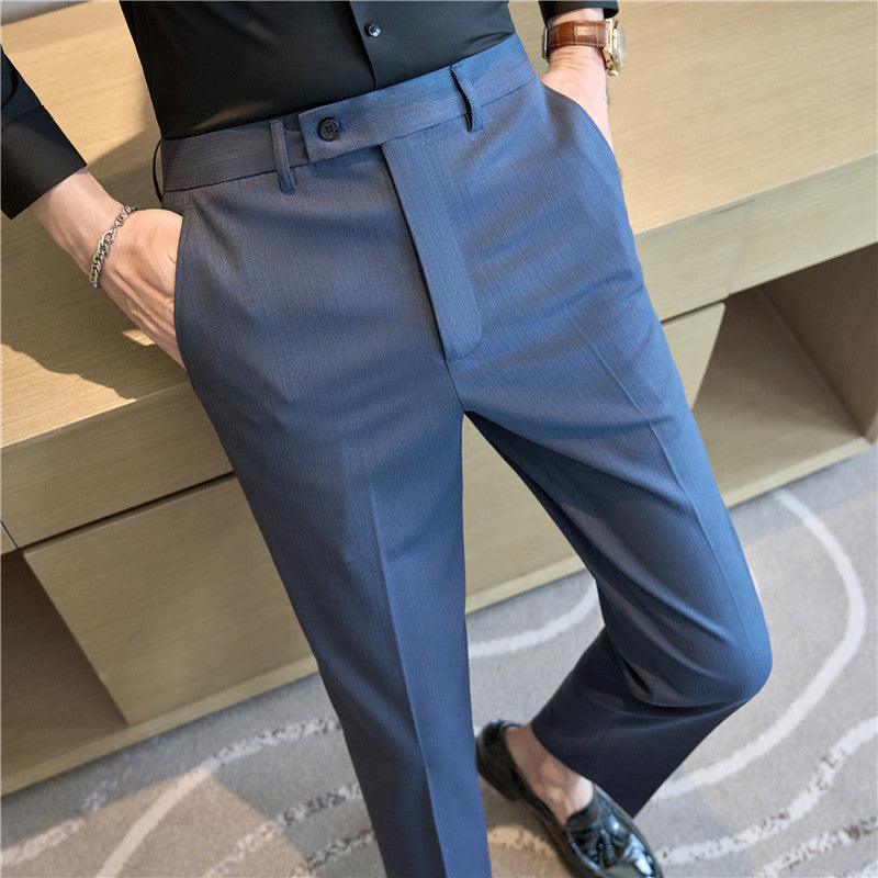 Tailored Pinstripe Trousers in French Blue — on model