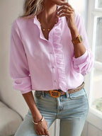 Ruffle-Placket Textured Blouse — on model