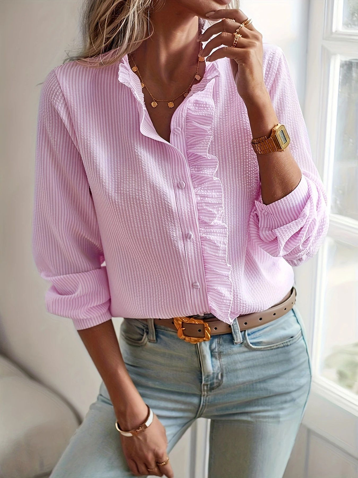 Ruffle-Placket Textured Blouse — on model