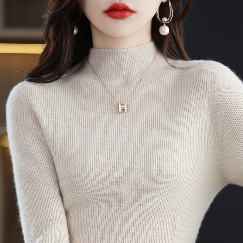 Seamless Half-Turtleneck Wool Sweater Women Slim-Fit Knitted Pullover