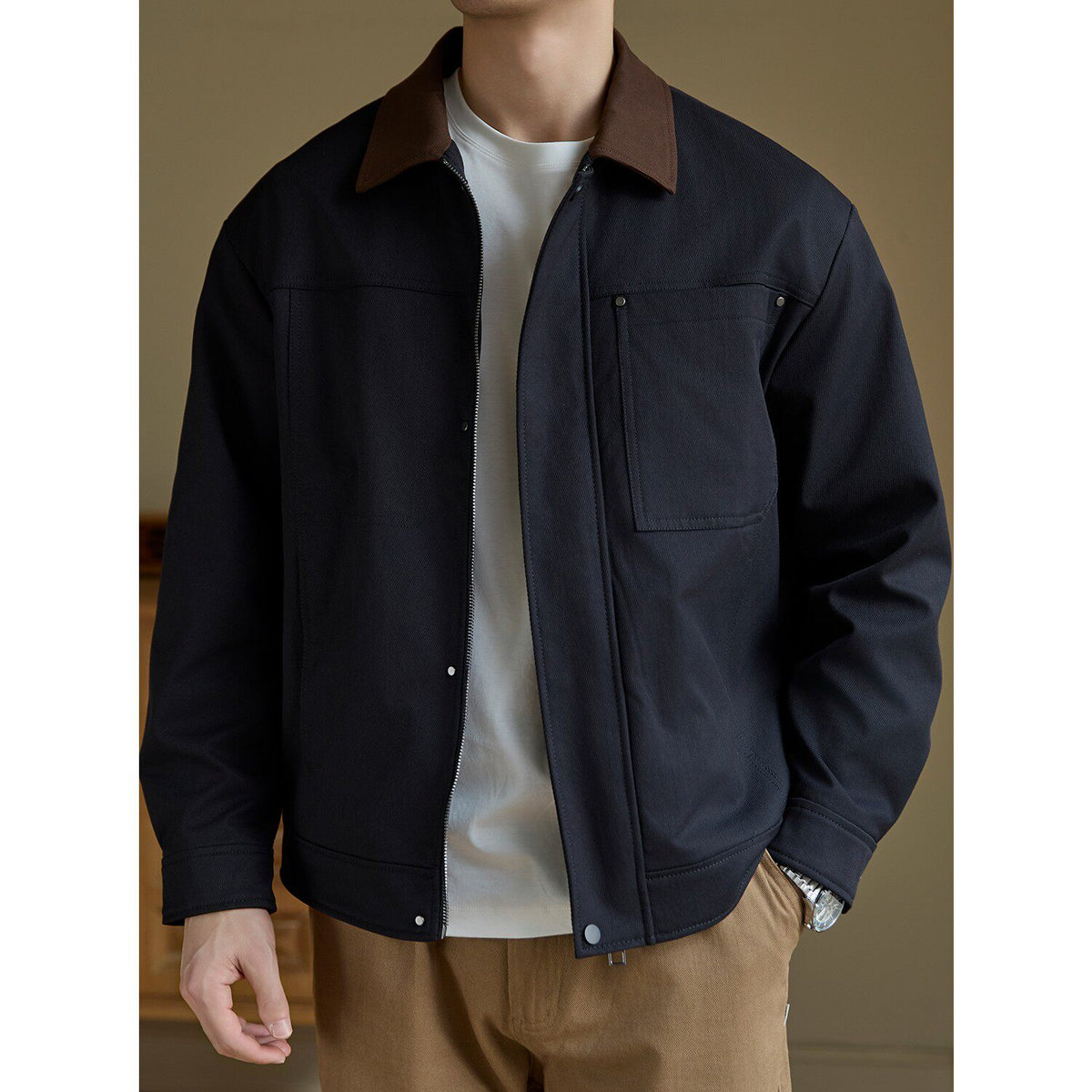 Contrast-Collar Chore Jacket