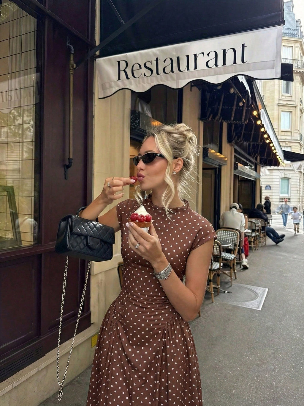 Cap-Sleeve Polka Dot Maxi Dress in Brown — on model