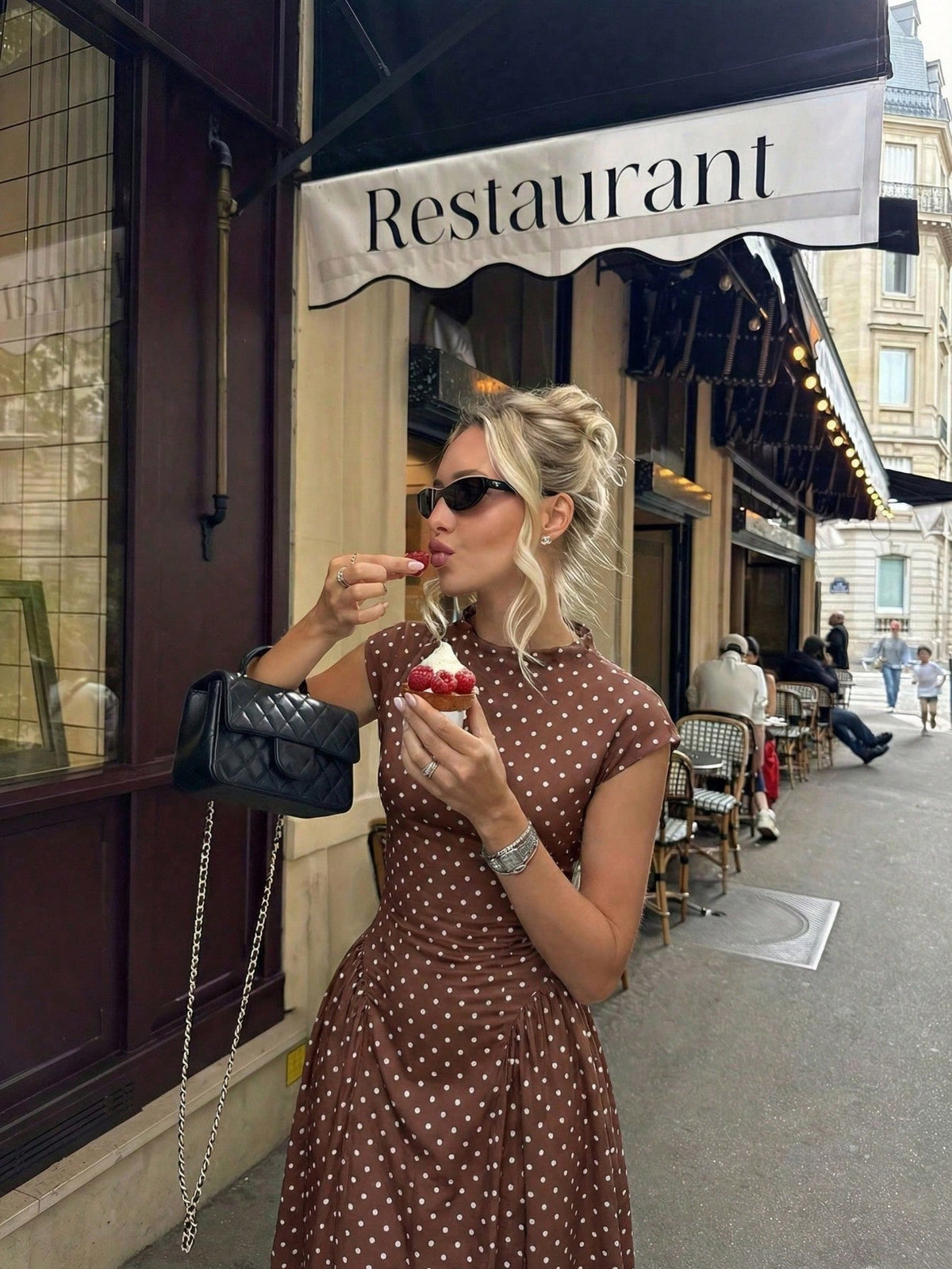 Cap-Sleeve Polka Dot Maxi Dress in Brown — on model