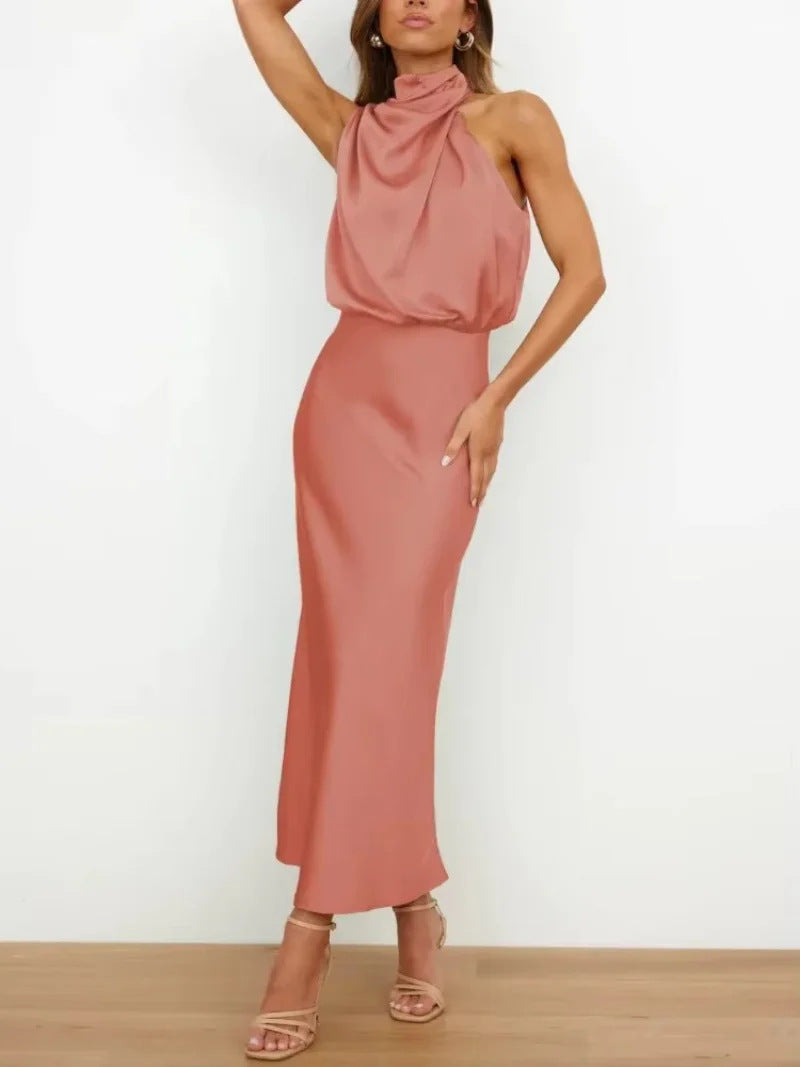 Satin Halter Midi Dress — on model