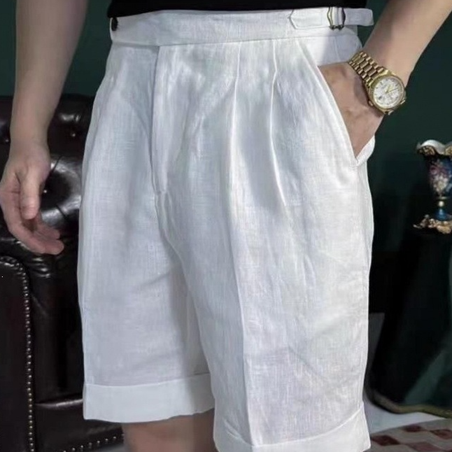 Pleated Linen Side-Tab Shorts