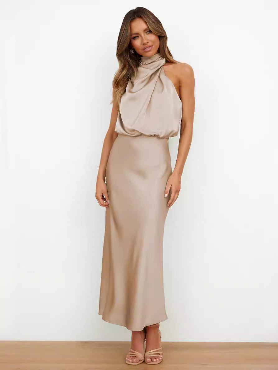 Satin Halter Midi Dress in Sand — on model