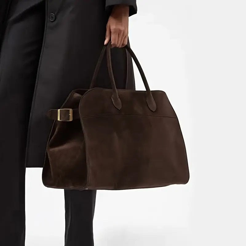 Brushed Bombé Top-Handle Bag in Chocolate — on model