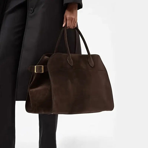 Brushed Bombé Top-Handle Bag in Chocolate — on model