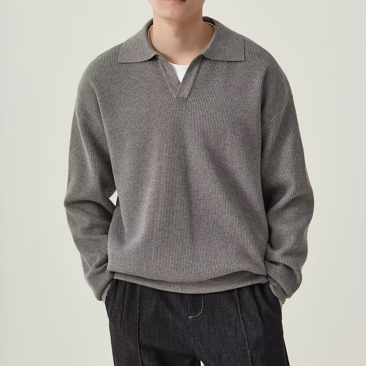Textured Polo-Collar Sweater in Gray — on model