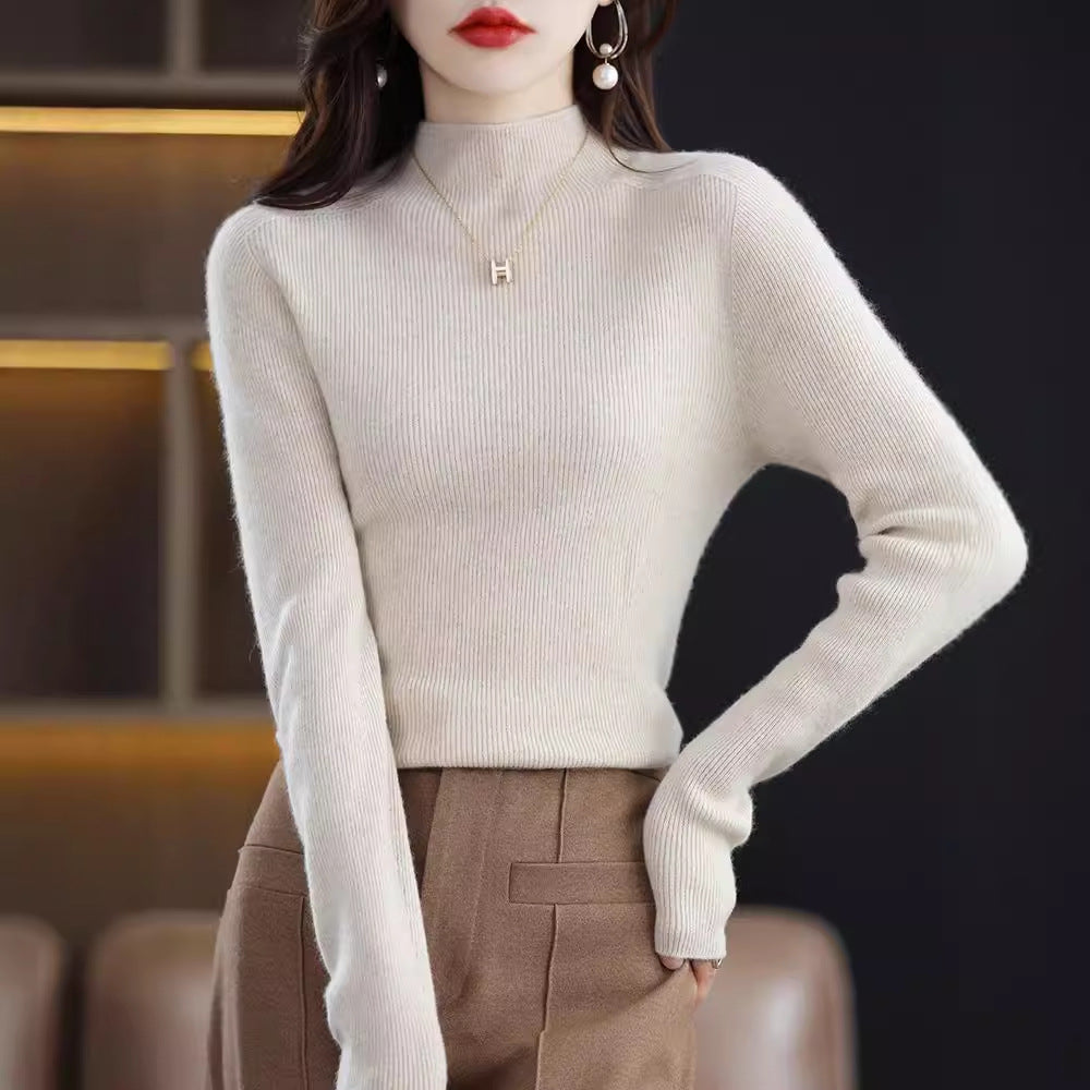 Seamless Half-Turtleneck Wool Sweater Women Slim-Fit Knitted Pullover