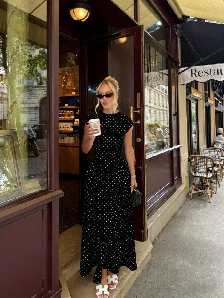 Cap-Sleeve Polka Dot Maxi Dress — on model