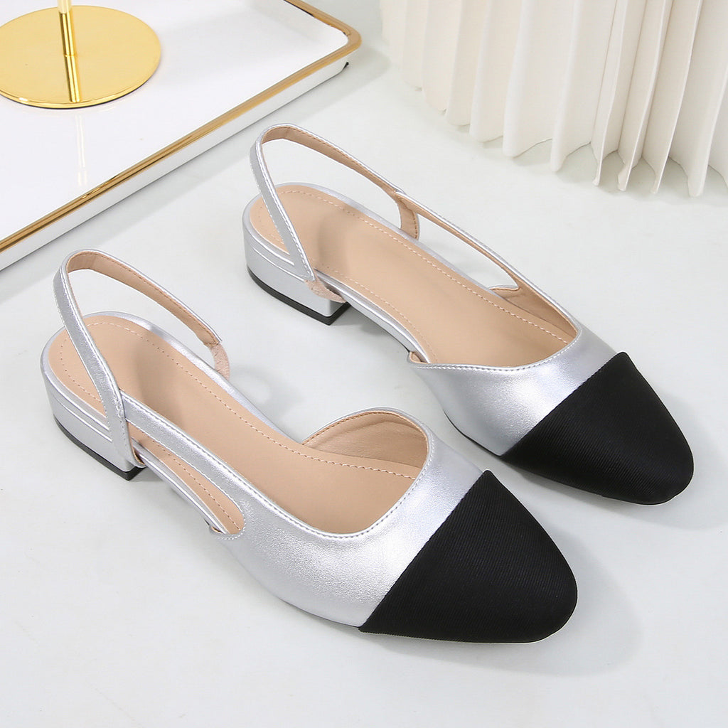 Block-Heel Cap-Toe Slingbacks in Silver — still life