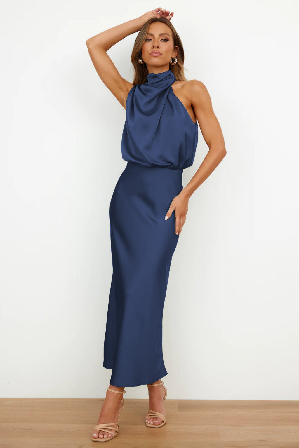 Satin Halter Midi Dress — on model
