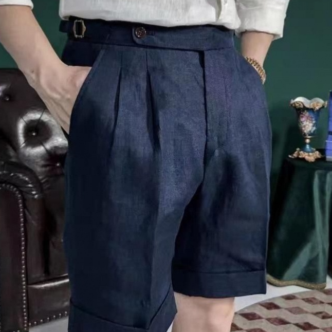 Pleated Linen Side-Tab Shorts