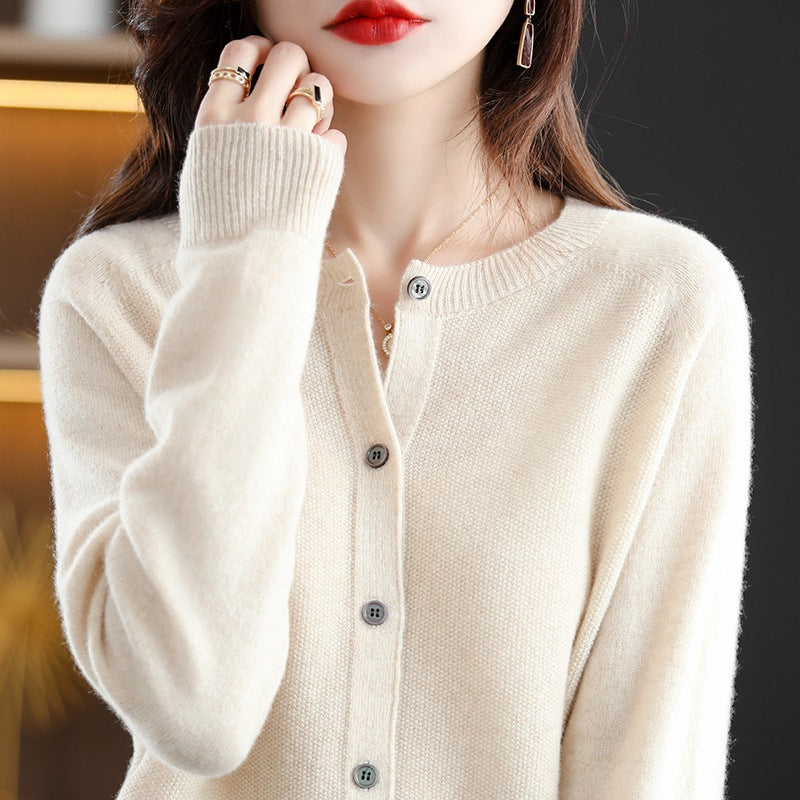Crew-Neck Wool Cardigan in Cream — detail