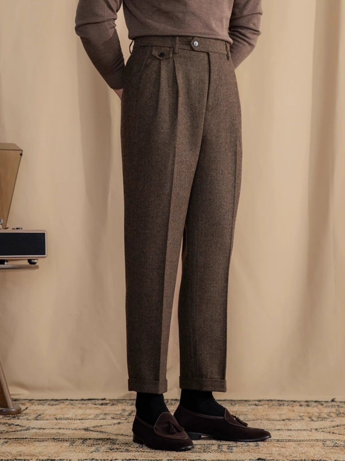 Herringbone Side-Tab Trousers in Brown — on model
