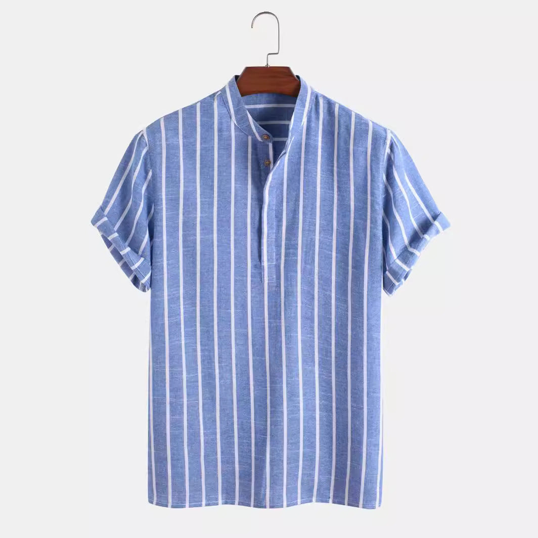 Striped Band-Collar Shirt