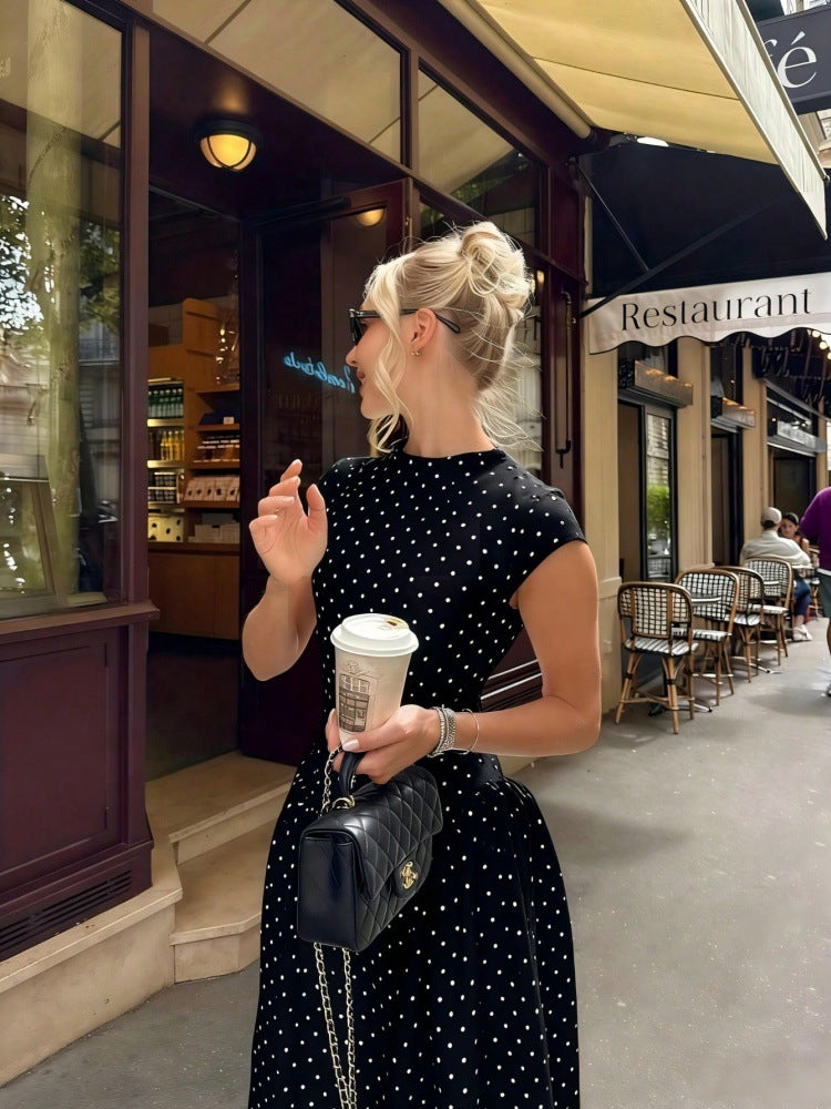 Cap-Sleeve Polka Dot Maxi Dress in Black — on model