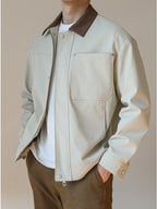 Contrast-Collar Chore Jacket in Stone — on model