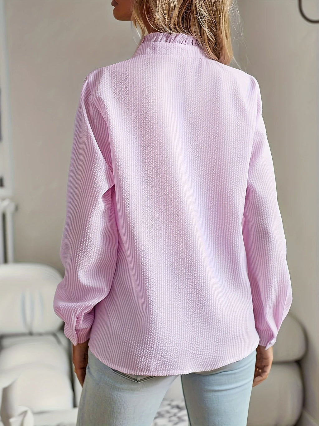 Striped pleated long-sleeved single-button shirt