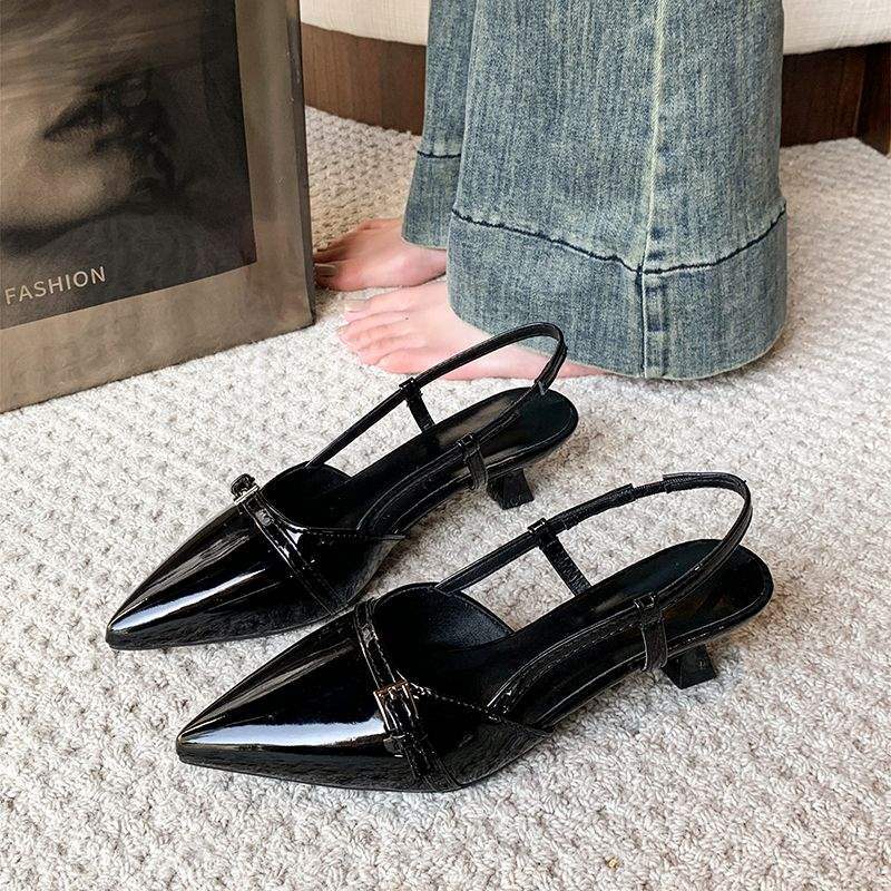 Buckle-Strap Slingback Kitten Heels — still life