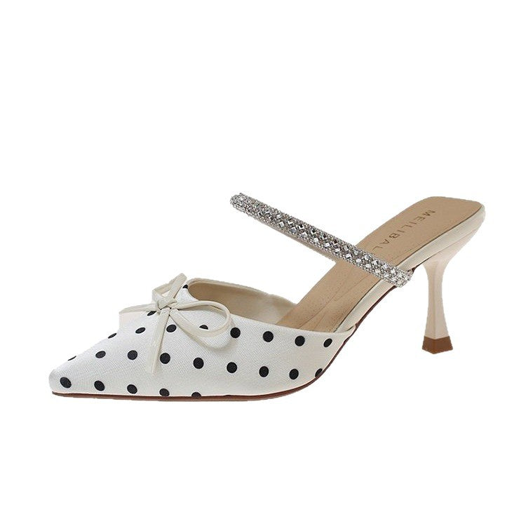Polka-Dot Rhinestone-Strap Mules in Off-White/Black — still life