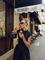 Cap-Sleeve Polka Dot Maxi Dress — on model