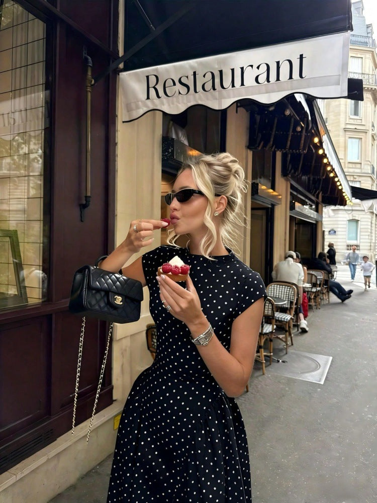 Cap-Sleeve Polka Dot Maxi Dress — on model