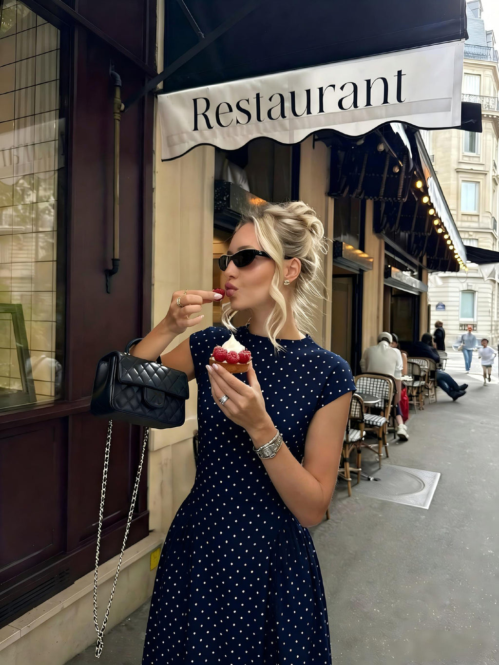 Cap-Sleeve Polka Dot Maxi Dress in Navy — on model