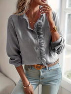 Ruffle-Placket Textured Blouse — on model