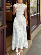 Cap-Sleeve Polka Dot Maxi Dress — on model