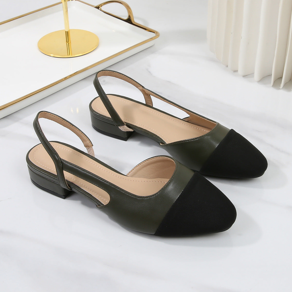 Block-Heel Cap-Toe Slingbacks in Olive — still life