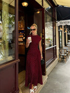 Cap-Sleeve Polka Dot Maxi Dress in Wine — on model