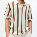 Open-Knit Stripe Polo in Apricot — on model